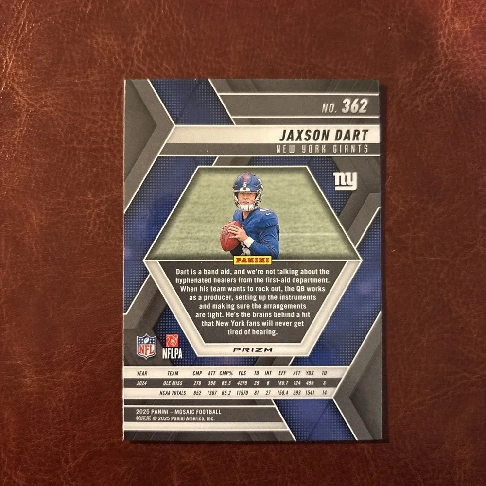 Jaxson Dart 2025 Panini Mosaic Football Reactive Blue RC #6 New York Giants